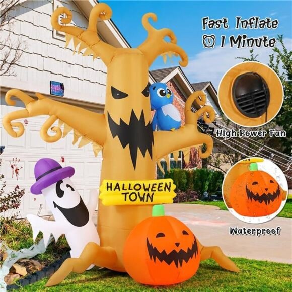 8 FT Halloween Inflatables Dead Tree Outdoor Decorations Blow Up Yard Owl Ghosts - Picture 5 of 7